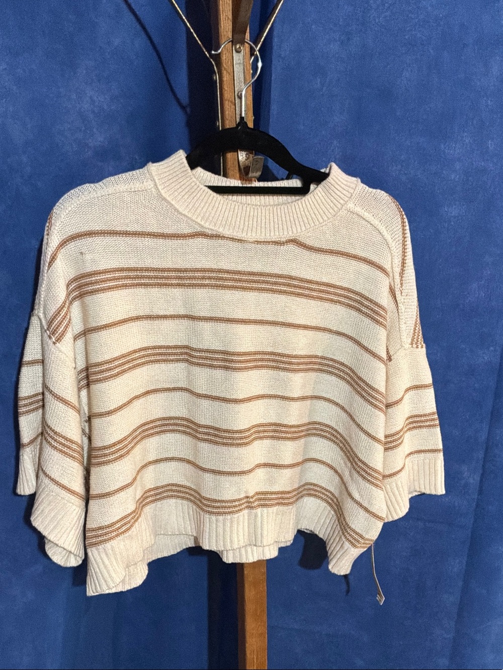 Anthropologie Striped Cropped Crewneck Sweater in Cream and Tan